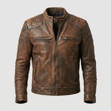 Laden Sie das Bild in den Galerie-Viewer, Men’s Brown Distressed Cafe Racer Leather Jacket – Vintage Biker Coat
