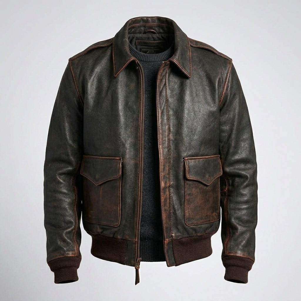 Men’s Brown A2 Aviator Military Pilot Leather Bomber Jacket – Vintage Flight Coat