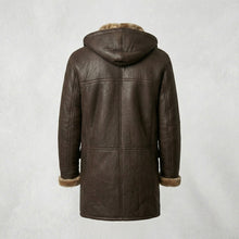 Laden Sie das Bild in den Galerie-Viewer, Men’s Brown Shearling Hooded Coat – Genuine Shearling Winter Coat
