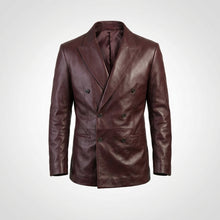 Laden Sie das Bild in den Galerie-Viewer, Men’s Burgundy Lambskin Leather Double Breasted Blazer – Travel Hide
