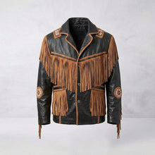 Laden Sie das Bild in den Galerie-Viewer, Men’s Cowboy Cowhide Leather Fringe Jacket with Beaded Western Detail
