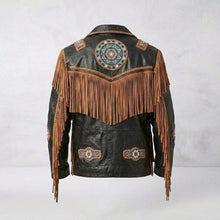 Laden Sie das Bild in den Galerie-Viewer, Men’s Cowboy Cowhide Leather Fringe Jacket with Beaded Western Detail
