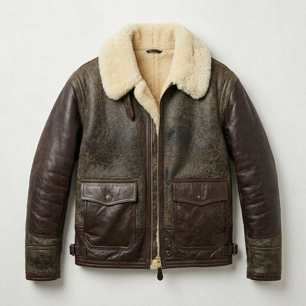 Men’s AN-J-4 Sheepskin Jacket – Premium Military Aviator Flight Coat
