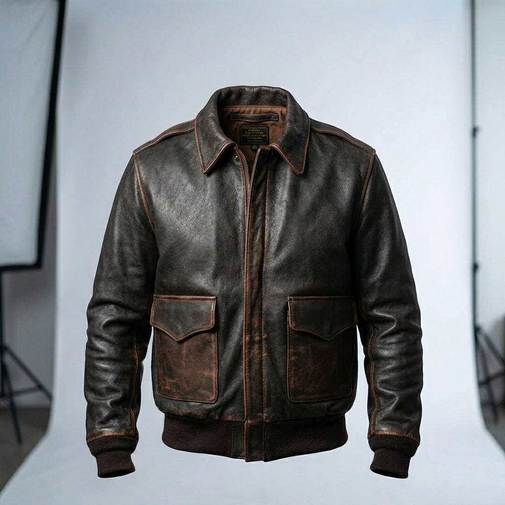 Men’s Brown A2 Aviator Military Pilot Leather Bomber Jacket – Classic Flight Coat
