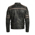 Men’s Distressed Black Cow Leather Biker Jacket – Vintage Quilted Moto Jacket