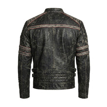 Load image into Gallery viewer, Men’s Distressed Black Cow Leather Biker Jacket – Vintage Quilted Moto Jacket

