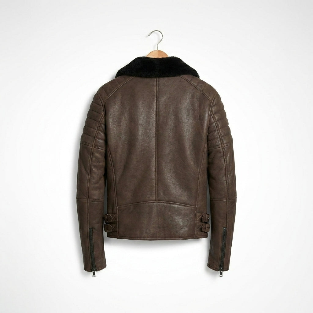 Men’s Brown Shearling Cafe Racer Leather Jacket – Vintage Aviator Biker Coat