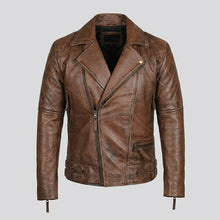 Load image into Gallery viewer, Men’s Brown Distressed Leather Motorcycle Jacket – Vintage Biker Moto Coat
