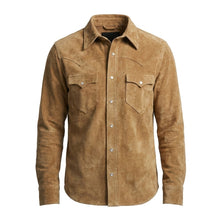 Load image into Gallery viewer, Men’s Tan Suede Western Shirt Jacket – RRL Cowboy Style Heritage Shirt
