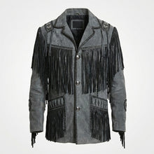 Load image into Gallery viewer, Men’s Western Cowboy Jacket – Black Fringe Suede Leather Coat
