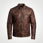 Men’s Coffee Brown Distressed Sheepskin Cafe Racer Leather Jacket