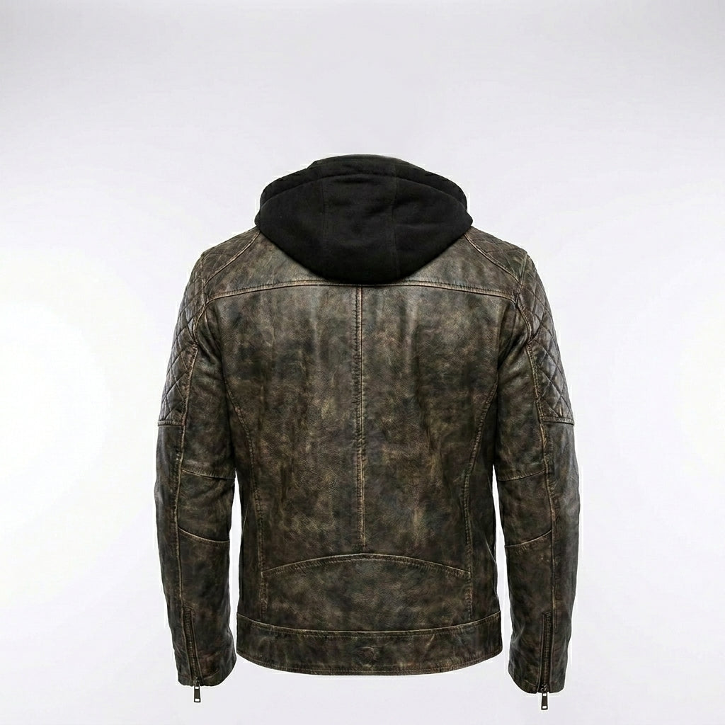 Men’s Gatsby Distressed Brown Leather Jacket – Quilted Shoulder Cafe Racer Jacket