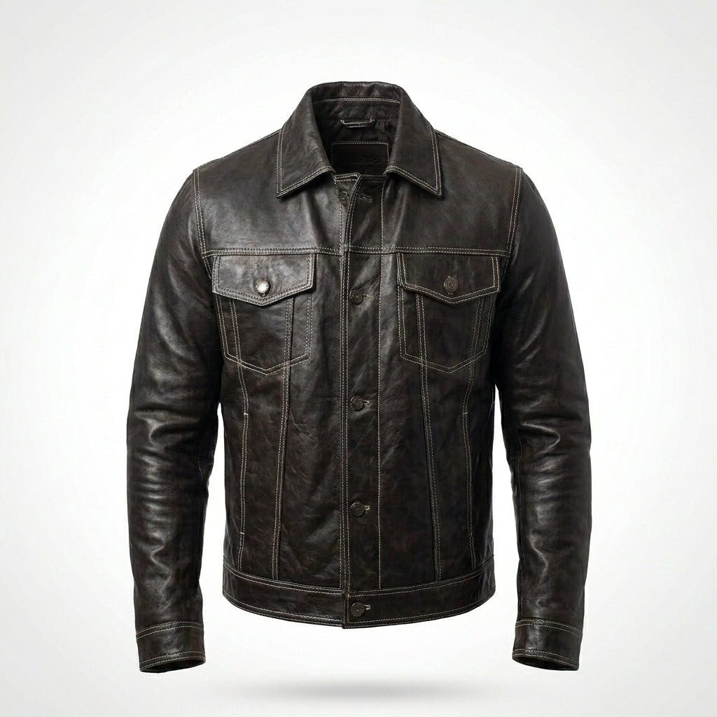 Men’s Dark Brown Leather Trucker Jacket – Contrast Stitch Snap Button Coat