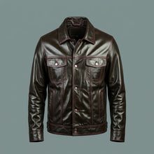 Load image into Gallery viewer, Men’s Brown Nappa Leather Bomber Jacket – Burgundy Piping Aviator Coat
