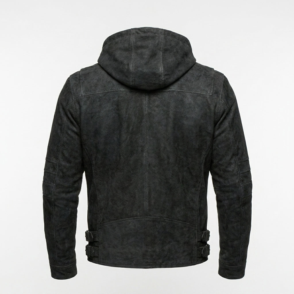 Men’s Matte Black Leather Biker Jacket – Removable Hood Moto Coat