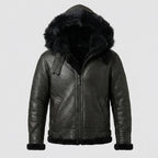 Men’s All Black B-3 Hooded Sheepskin Bomber Jacket – Detachable Shearling Hood