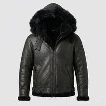 Load image into Gallery viewer, Men’s All Black B-3 Hooded Sheepskin Bomber Jacket – Detachable Shearling Hood
