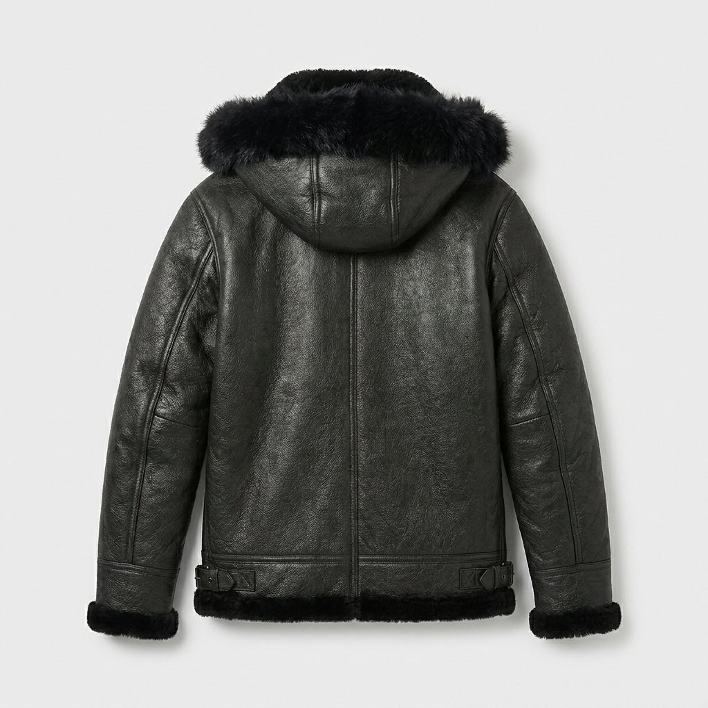 Men’s All Black B-3 Hooded Sheepskin Bomber Jacket – Detachable Shearling Hood