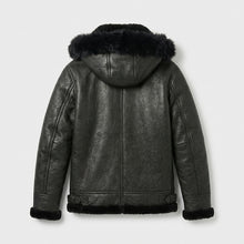 Load image into Gallery viewer, Men’s All Black B-3 Hooded Sheepskin Bomber Jacket – Detachable Shearling Hood
