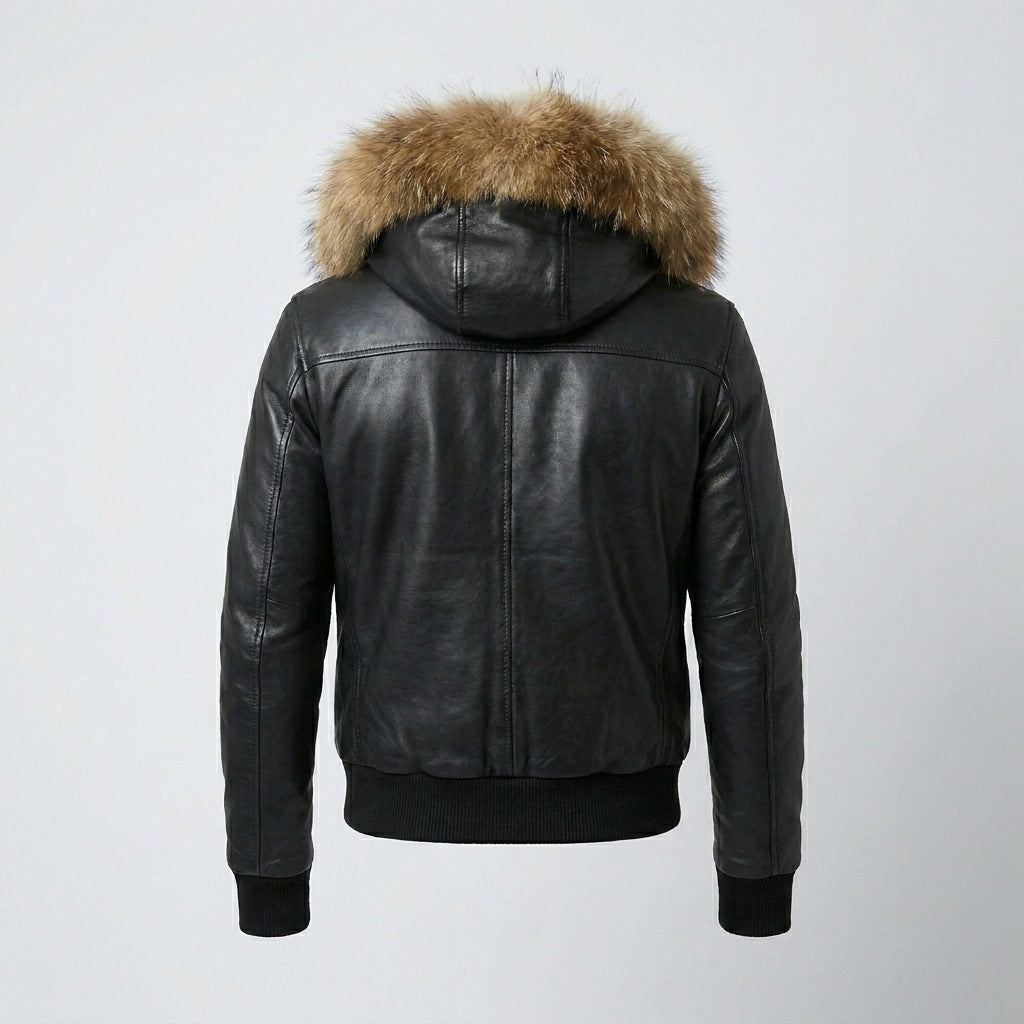 Men’s Black Leather Bomber Jacket – Removable Fur Hood Winter Coat