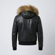 Load image into Gallery viewer, Men’s Black Leather Bomber Jacket – Removable Fur Hood Winter Coat
