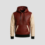 This burgundy and white leather hoodie is available from retailers like Etsy and Jackets Kingdom, often labeled as a handmade sheepskin or lambskin two-tone jacket.