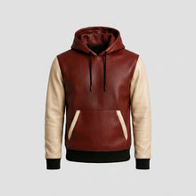 Load image into Gallery viewer, This burgundy and white leather hoodie is available from retailers like Etsy and Jackets Kingdom, often labeled as a handmade sheepskin or lambskin two-tone jacket.
