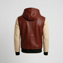 Load image into Gallery viewer, This burgundy and white leather hoodie is available from retailers like Etsy and Jackets Kingdom, often labeled as a handmade sheepskin or lambskin two-tone jacket.
