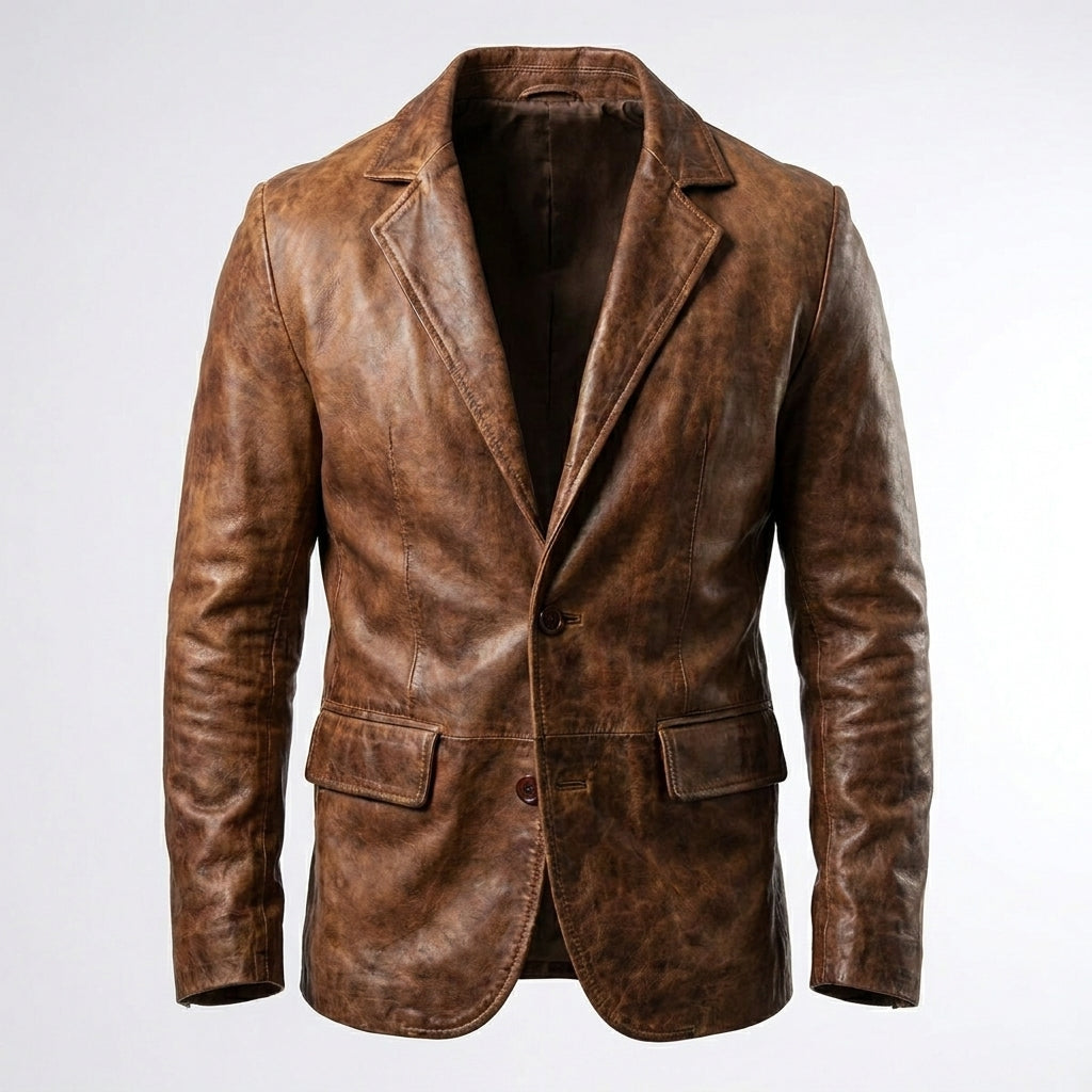 Men’s Distressed Brown Leather Blazer – Classic Two-Button Tailored Jacket