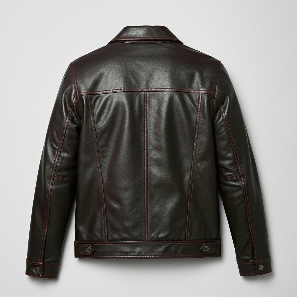 Men’s Dark Brown Leather Trucker Jacket – Contrast Stitch Snap Button Shirt Jacket