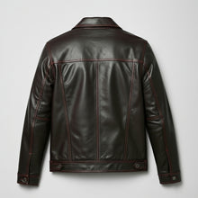 Load image into Gallery viewer, Men’s Dark Brown Leather Trucker Jacket – Contrast Stitch Snap Button Shirt Jacket
