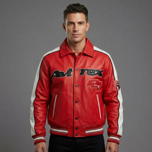 Load image into Gallery viewer, Men’s Classic Leather Moto Jacket – Orange &amp; Cream Contrast Panel Design
