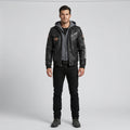 Men’s Black Hooded Cowhide Leather Biker Jacket – Harley-Style Moto