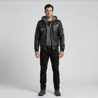 Men’s Black Hooded Cowhide Leather Biker Jacket – Harley-Style Moto