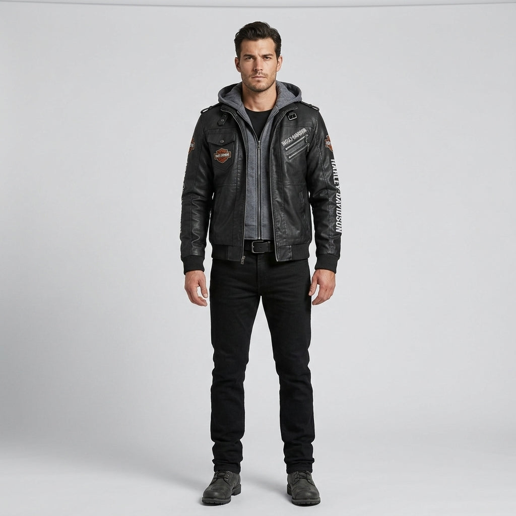 Herren schwarze Kapuzen-Bikerjacke aus Rindsleder – Harley-Stil Moto