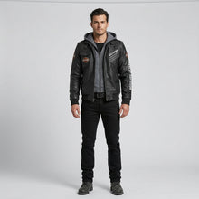 Load image into Gallery viewer, Men’s Black Hooded Cowhide Leather Biker Jacket – Harley-Style Moto
