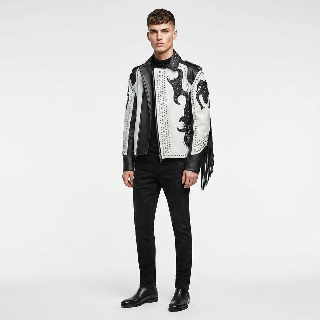 Men’s Black & White Studded Cowboy Leather Jacket – Western Biker Coat