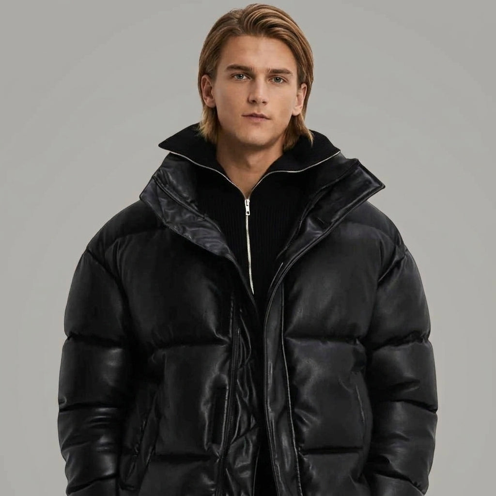 Men’s Black Faux Leather Puffer Jacket – High Neck Winter Coat