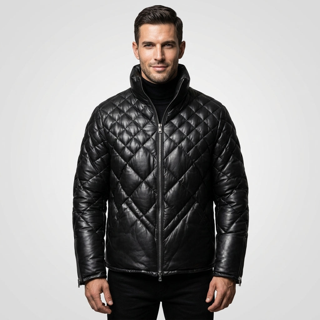 Men’s Black Lambskin Leather Puffer Jacket – Down Insulated Winter Coat