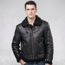 Laden Sie das Bild in den Galerie-Viewer, Men’s Black Aviator B3 Shearling Leather Jacket – Premium Flight Bomber Coat
