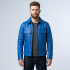 Men’s Blue Trucker Style Cafe Racer Leather Jacket – Motorcycle Biker Jacket
