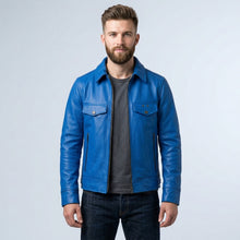 Load image into Gallery viewer, Men’s Blue Trucker Style Cafe Racer Leather Jacket – Motorcycle Biker Jacket
