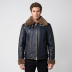 Men’s Blue Sheepskin Shearling Leather Jacket – Premium Winter Aviator Coat
