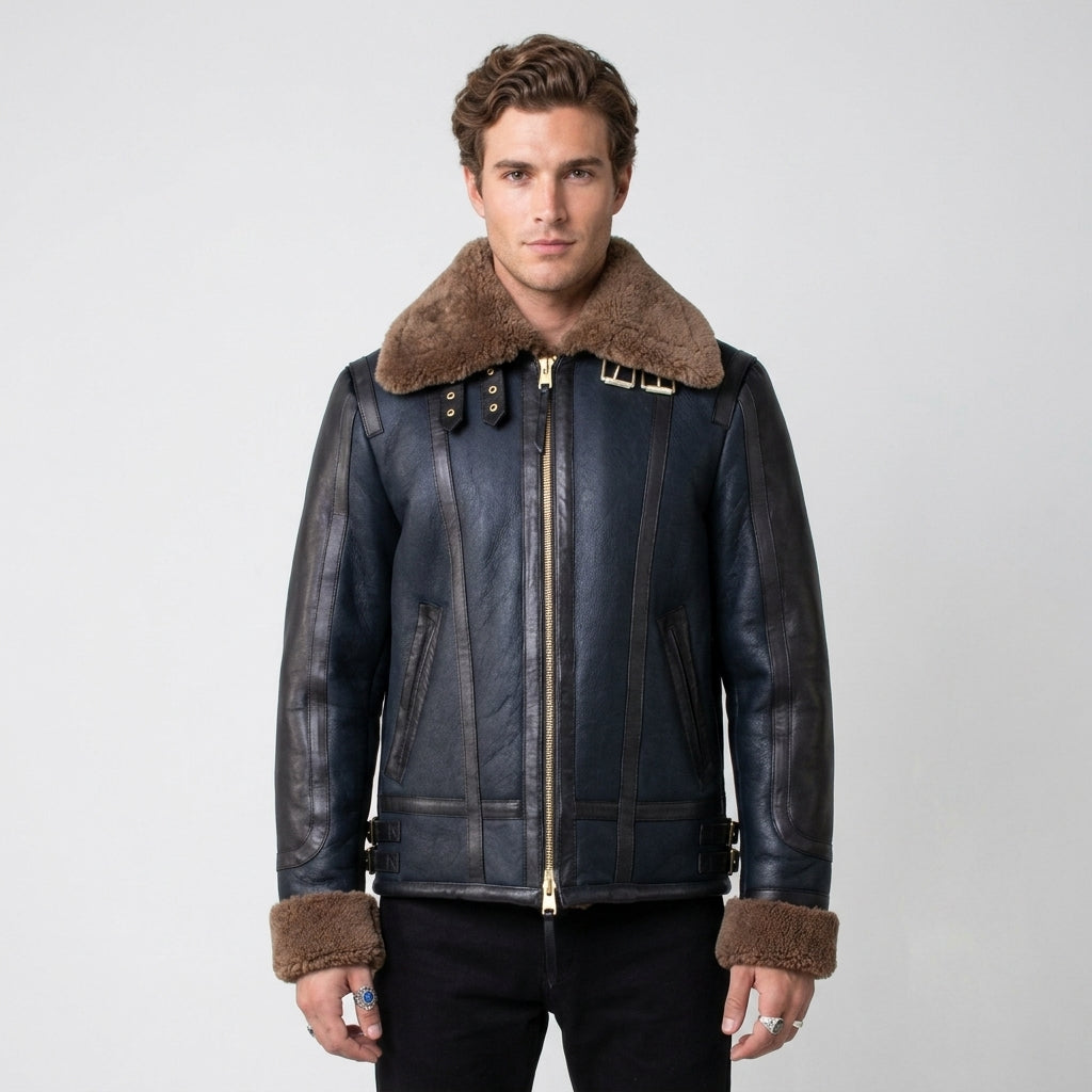 Men’s Blue Sheepskin Shearling Leather Jacket – Premium Winter Aviator Coat