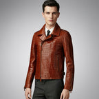 Men’s Brown Croc Embossed Leather Biker Jacket – Premium Moto Jacket