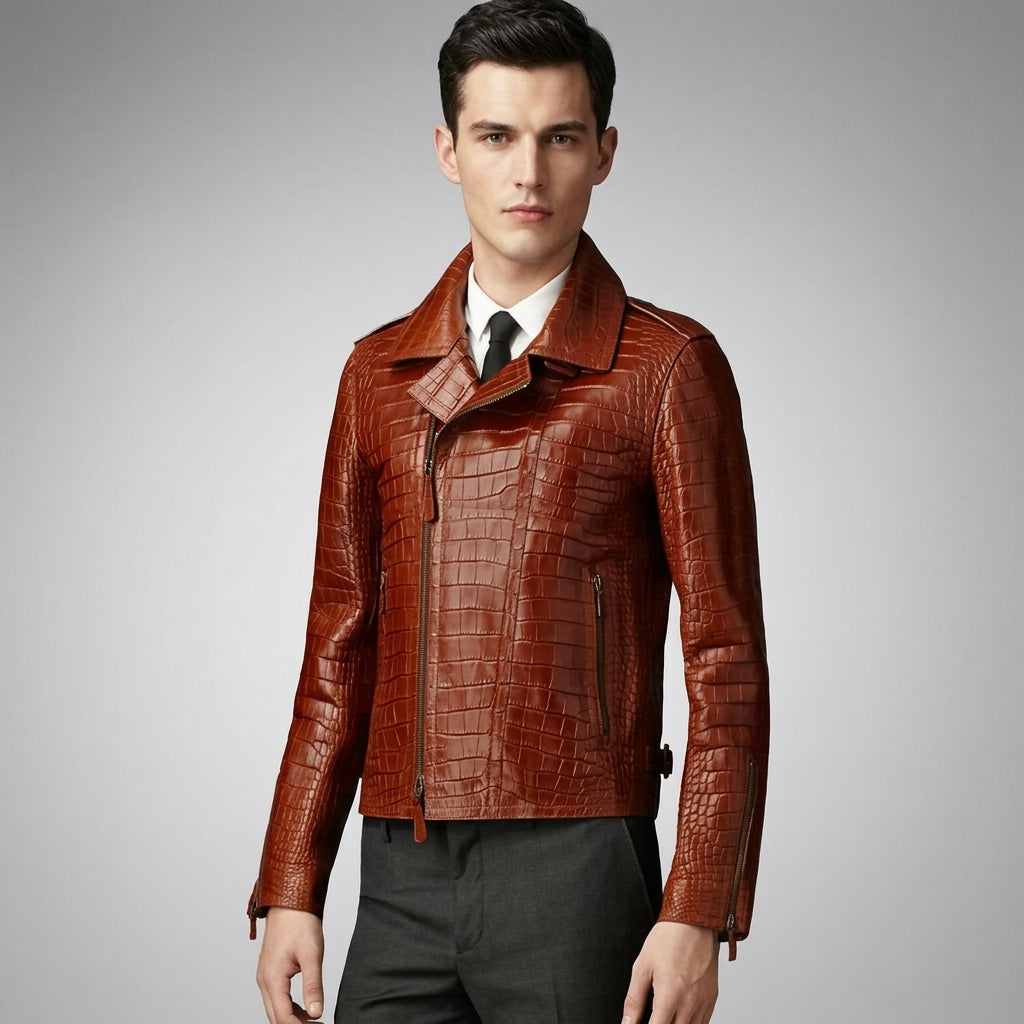 Men’s Brown Croc Embossed Leather Biker Jacket – Premium Moto Jacket