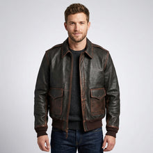 Laden Sie das Bild in den Galerie-Viewer, Men’s Brown A2 Aviator Military Pilot Leather Bomber Jacket – Vintage Flight Coat
