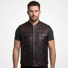 Laden Sie das Bild in den Galerie-Viewer, Men’s Leather Motorcycle Vest with Diamond Stitch – Biker Riding Vest
