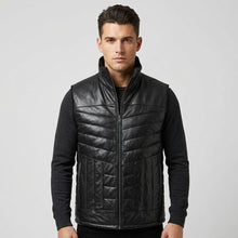 Laden Sie das Bild in den Galerie-Viewer, Men’s Black Quilted Leather Puffer Vest – Insulated Biker Vest
