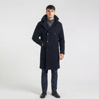 Men’s Dark Blue Fleece Peacoat – Classic Double Breasted Winter Coat
